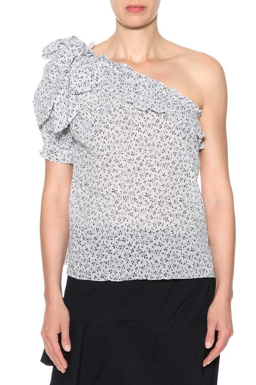 Ulla Johnson Alene One Shoulder Cotton Top Porcelain Floral Vine Puff Sleeve Bow